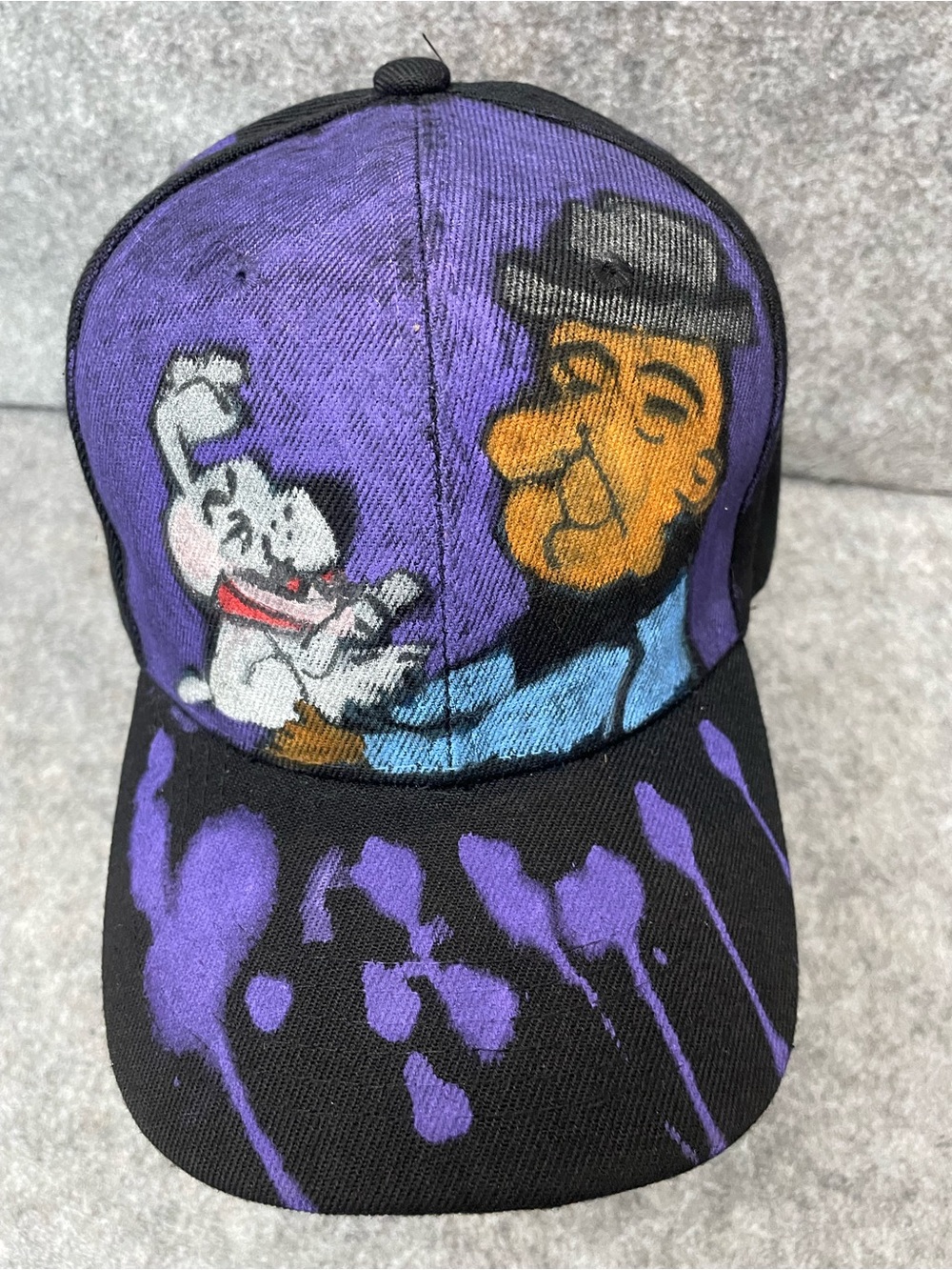 Hand Painted Cartoon Dog & Man Snapback Hat Black Purple Streetwear Art Cap OOAK